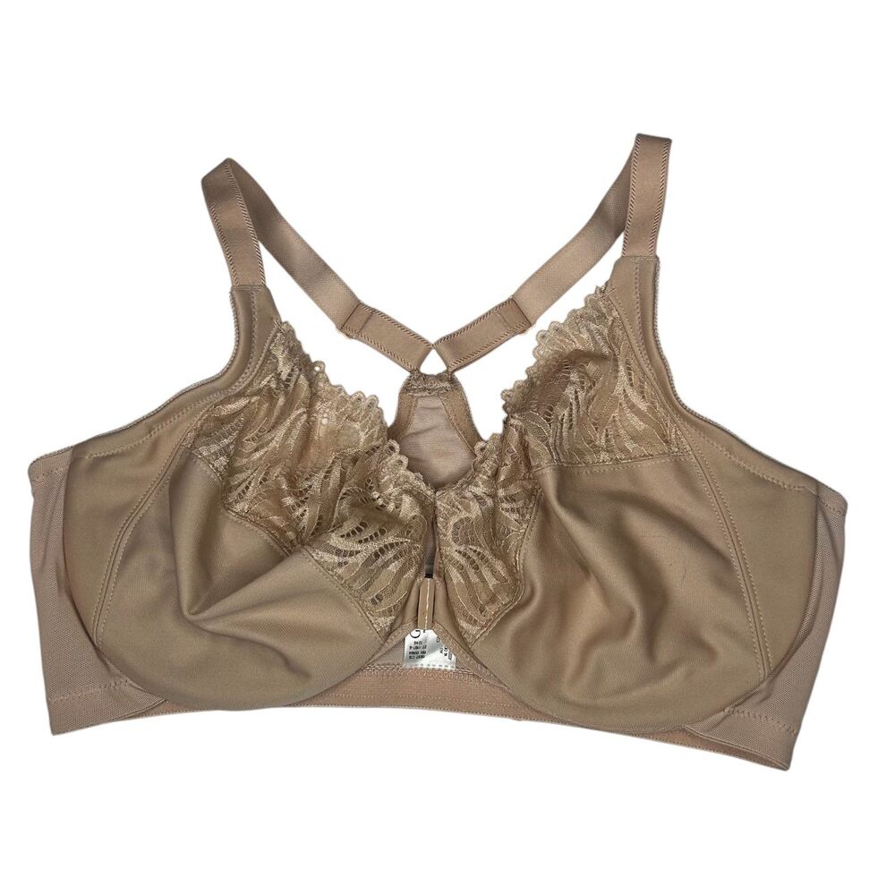 Glamorise Tan lace unlined bra 38DD front clourse